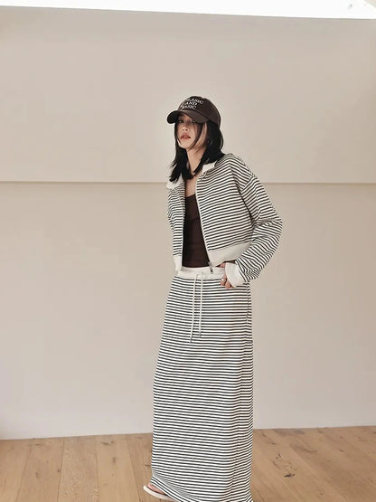 FU FRESH UP French Stripe Zip Up Set With A Line Skirt