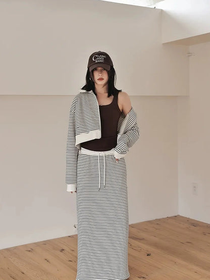 FU FRESH UP French Stripe Zip Up Set With A Line Skirt