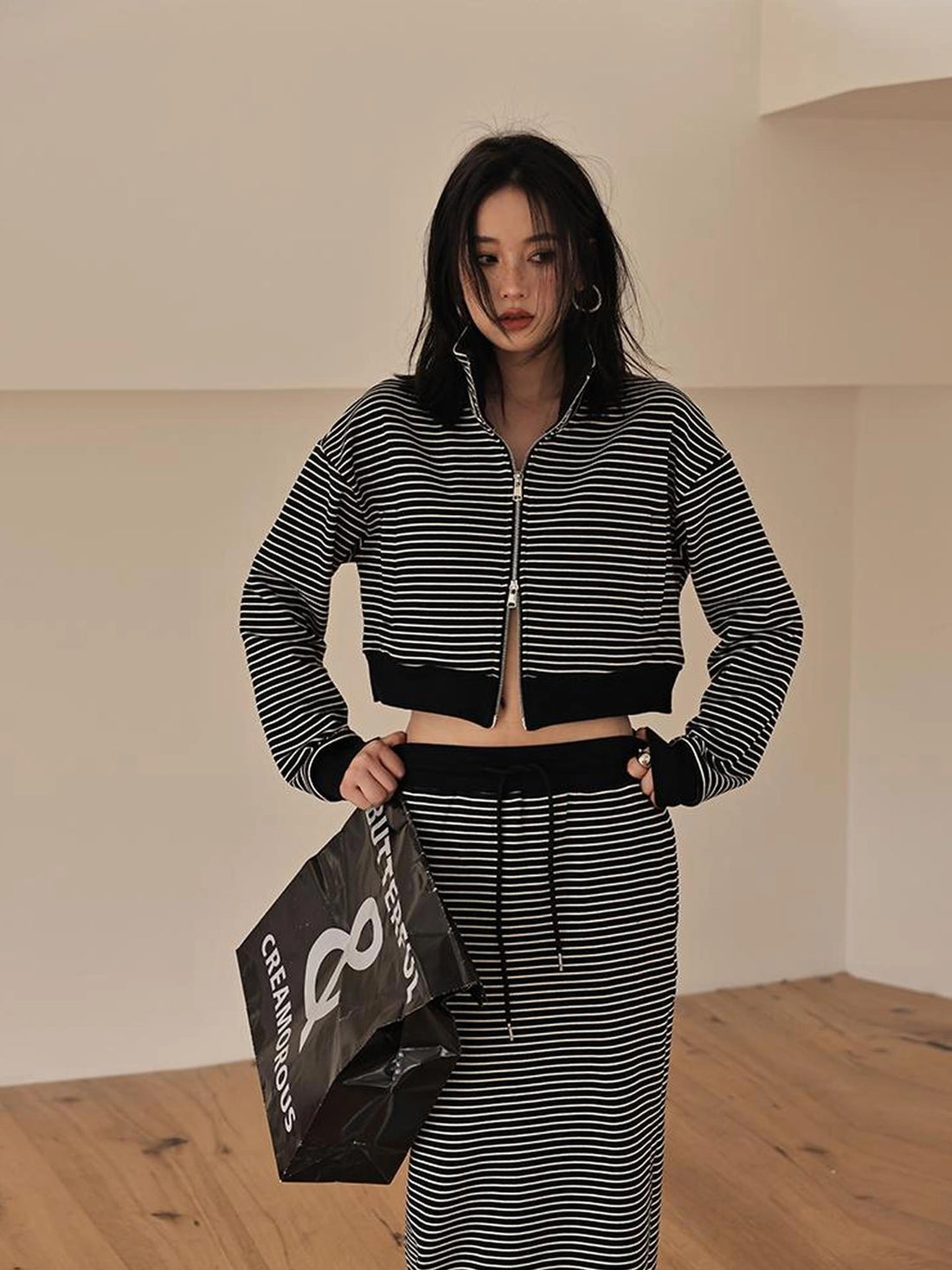 FU FRESH UP French Stripe Zip Up Set With A Line Skirt