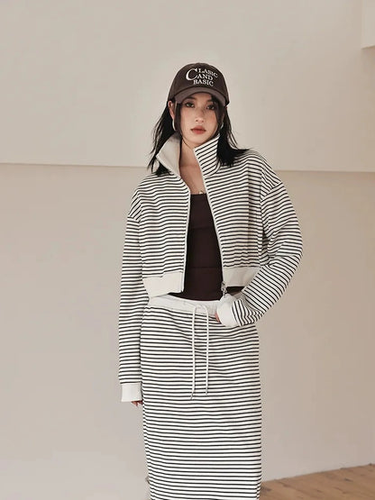 FU FRESH UP French Stripe Zip Up Set With A Line Skirt