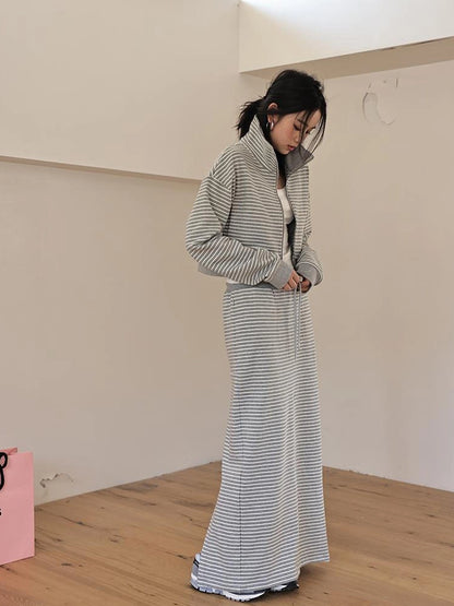 FU FRESH UP French Stripe Zip Up Set With A Line Skirt