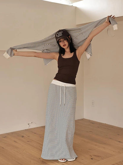 FU FRESH UP French Stripe Zip Up Set With A Line Skirt