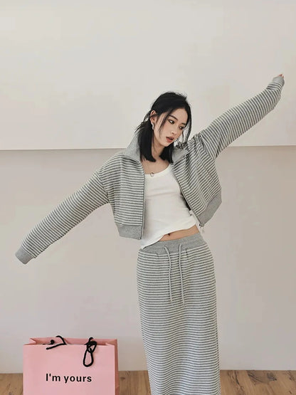 FU FRESH UP French Stripe Zip Up Set With A Line Skirt