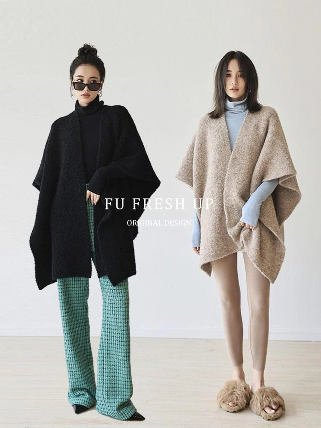 FU FRESH UP French Style Loop Yarn Cape Scarf Shawl V-neck T-shirt Long Sleeve