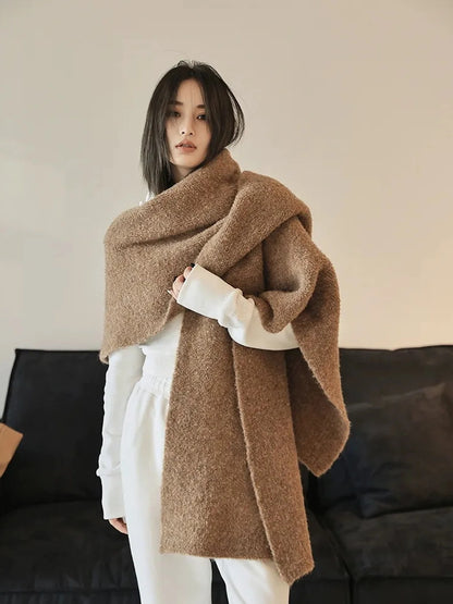 FU FRESH UP French Style Loop Yarn Cape Scarf Shawl V-neck T-shirt Long Sleeve