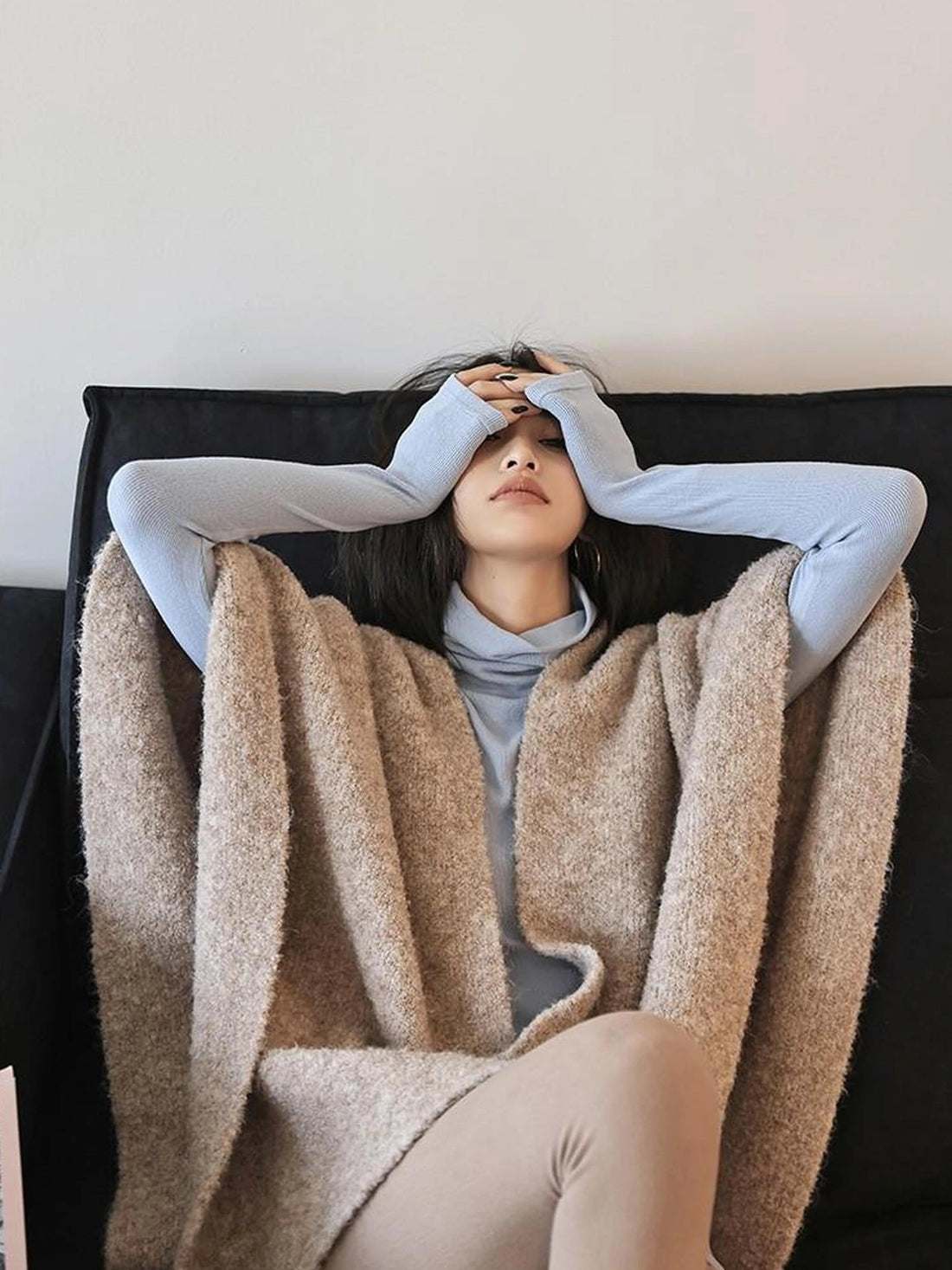 FU FRESH UP French Style Loop Yarn Cape Scarf Shawl V-neck T-shirt Long Sleeve