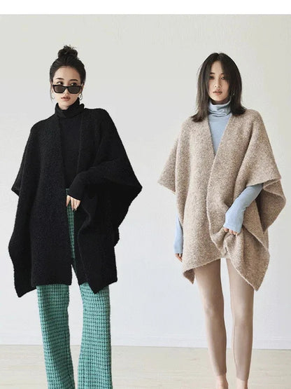 FU FRESH UP French Style Loop Yarn Cape Scarf Shawl V-neck T-shirt Long Sleeve