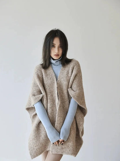 FU FRESH UP French Style Loop Yarn Cape Scarf Shawl V-neck T-shirt Long Sleeve