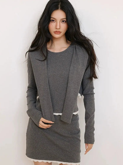FU FRESH UP French Trim Knit Set V-neck T-shirt Long Sleeve