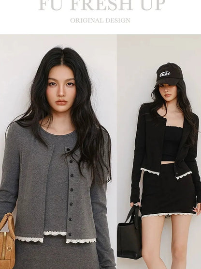 FU FRESH UP French Trim Knit Set V-neck T-shirt Long Sleeve