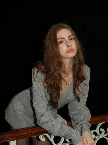 French V-neck Cashmere Glitter Fitted Sweater