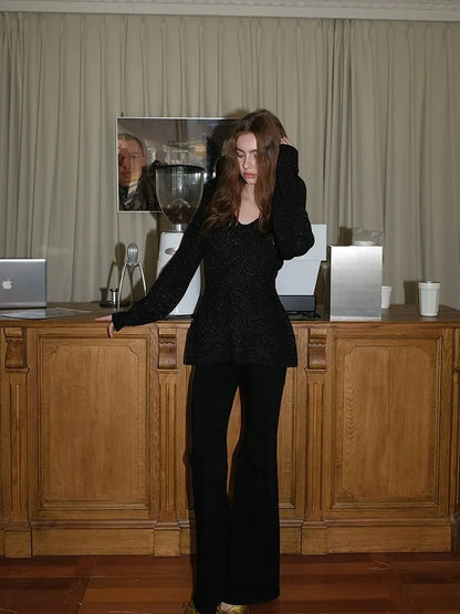 French V-neck Cashmere Glitter Fitted Sweater