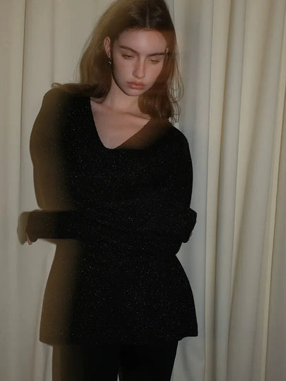 French V-neck Cashmere Glitter Fitted Sweater