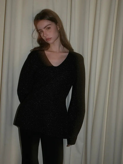 French V-neck Cashmere Glitter Fitted Sweater