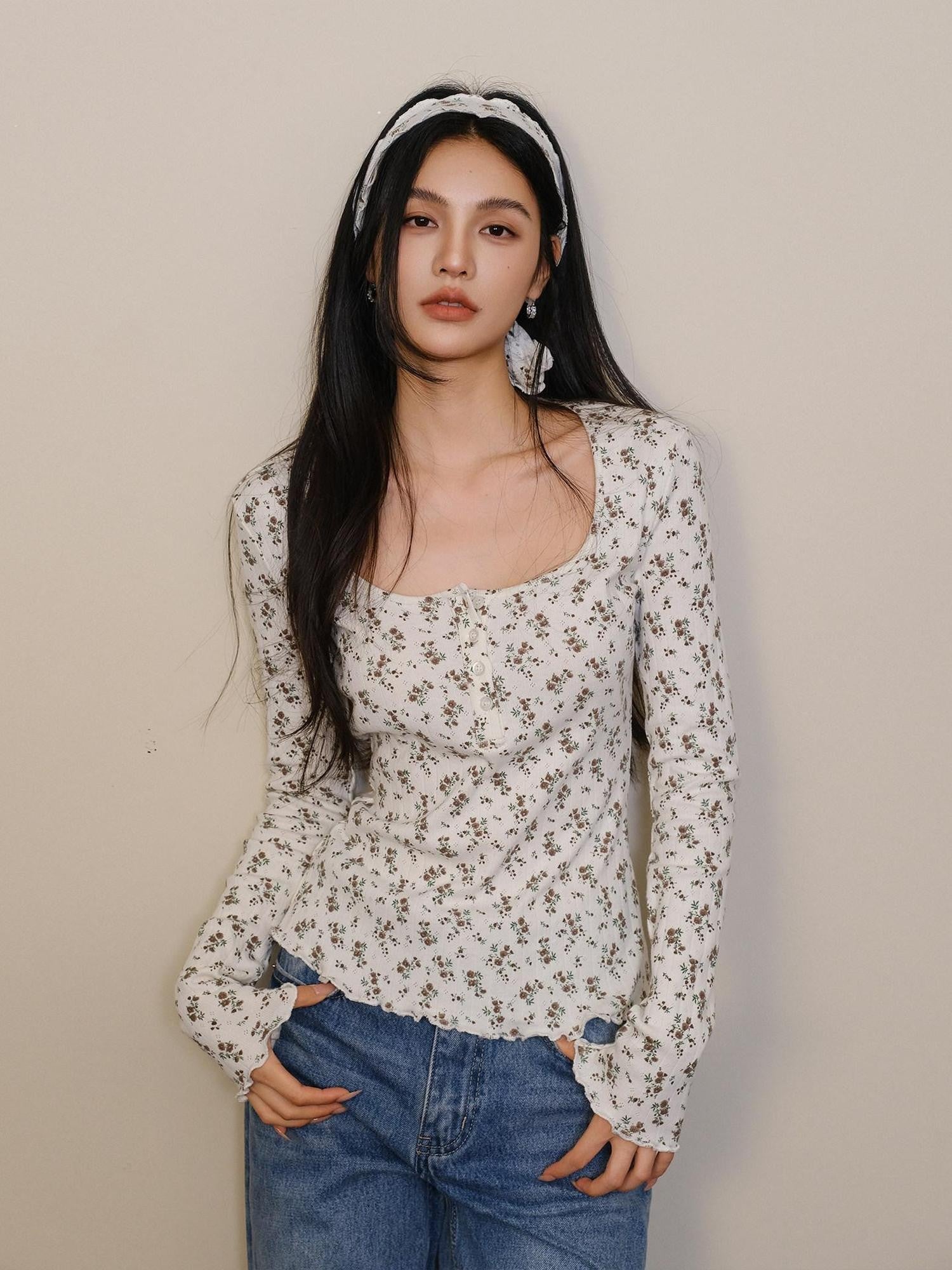 FU FRESH UP French Vintage Floral Print Slim Round Neck Women&
