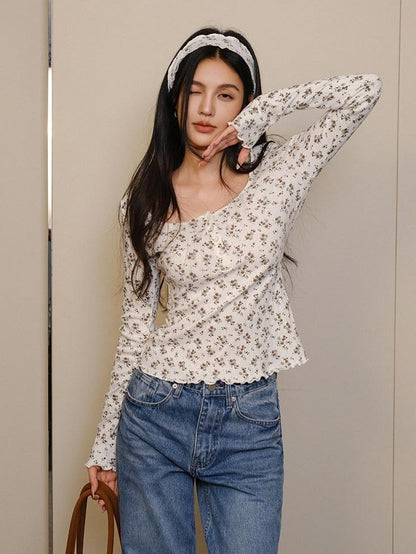 FU FRESH UP French Vintage Floral Print Slim Round Neck Women&