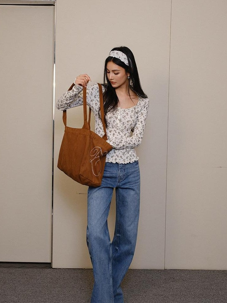FU FRESH UP French Vintage Floral Print Slim Round Neck Women&