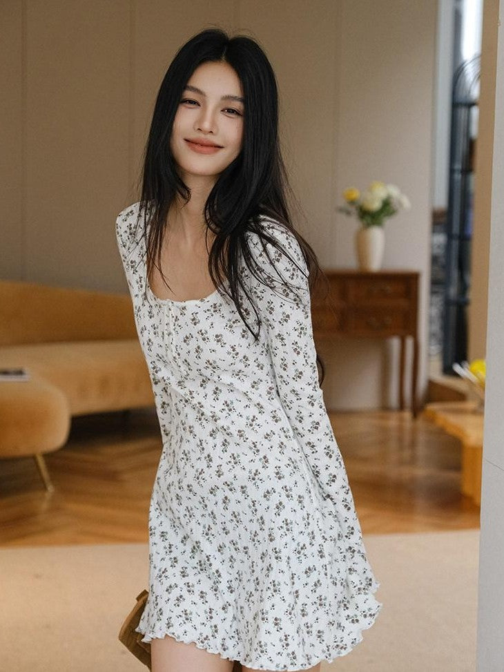 FU FRESH UP French Vintage Floral Print Slim Round Neck Women&