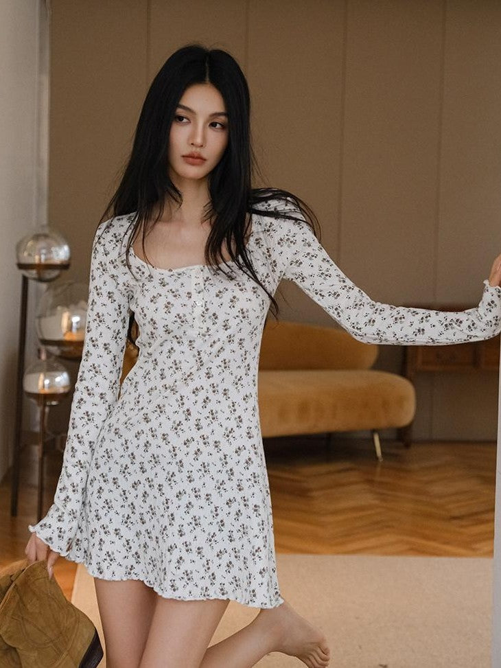 FU FRESH UP French Vintage Floral Print Slim Round Neck Women&