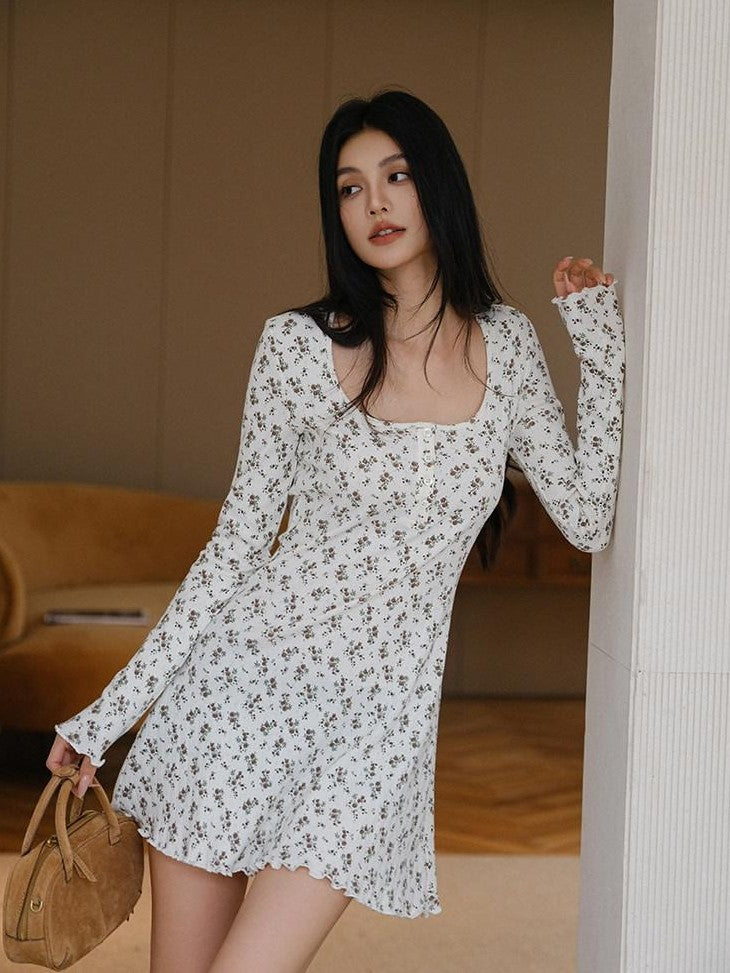 FU FRESH UP French Vintage Floral Print Slim Round Neck Women&