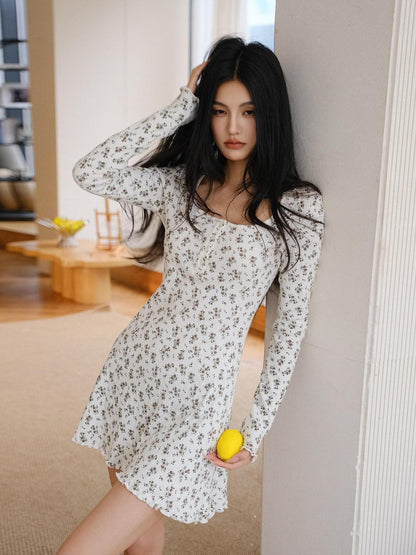 FU FRESH UP French Vintage Floral Print Slim Round Neck Women&
