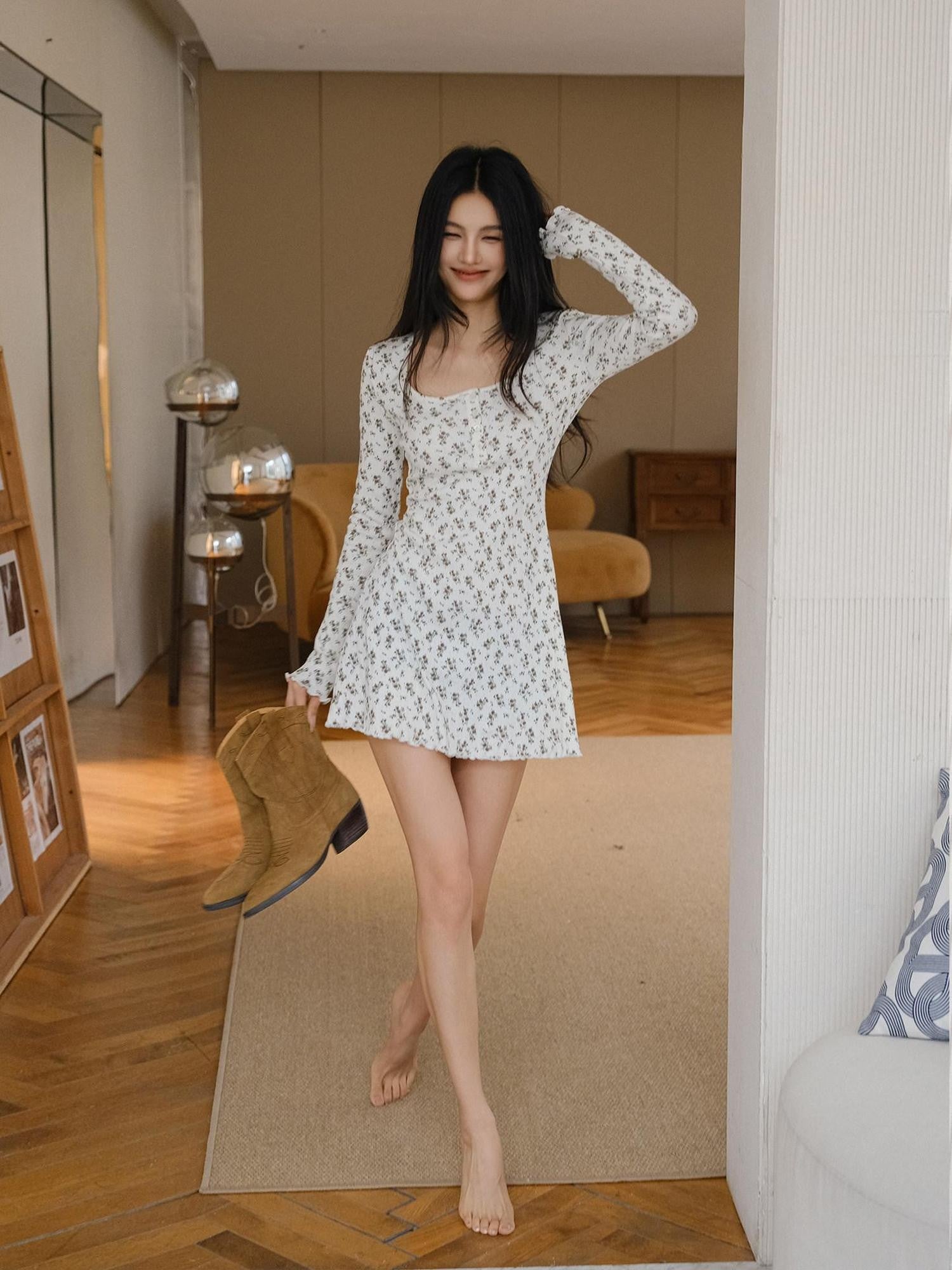 FU FRESH UP French Vintage Floral Print Slim Round Neck Women&