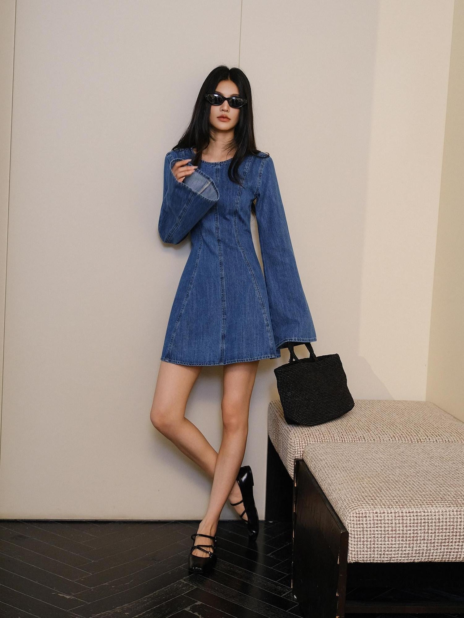 FU FRESH UP French Vintage Pleated Bell Sleeve A Line Women&