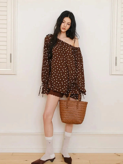 FU FRESH UP French Vintage Polka Dot Adjustable Off Shoulder Blouse