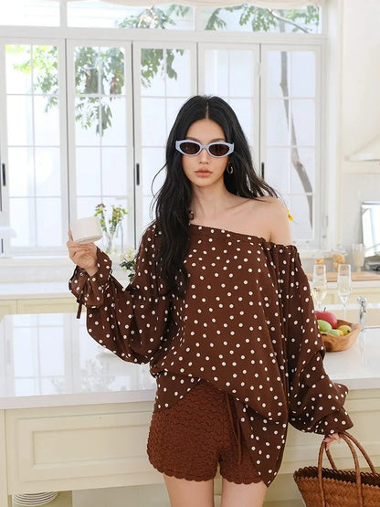 FU FRESH UP French Vintage Polka Dot Adjustable Off Shoulder Blouse