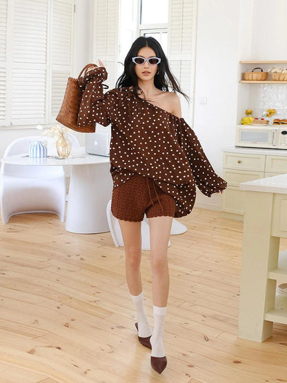 FU FRESH UP French Vintage Polka Dot Adjustable Off Shoulder Blouse