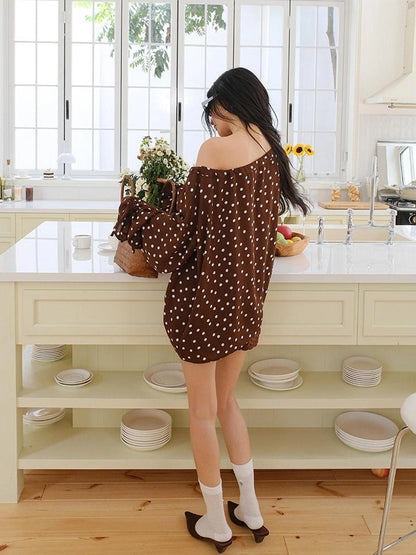 FU FRESH UP French Vintage Polka Dot Adjustable Off Shoulder Blouse