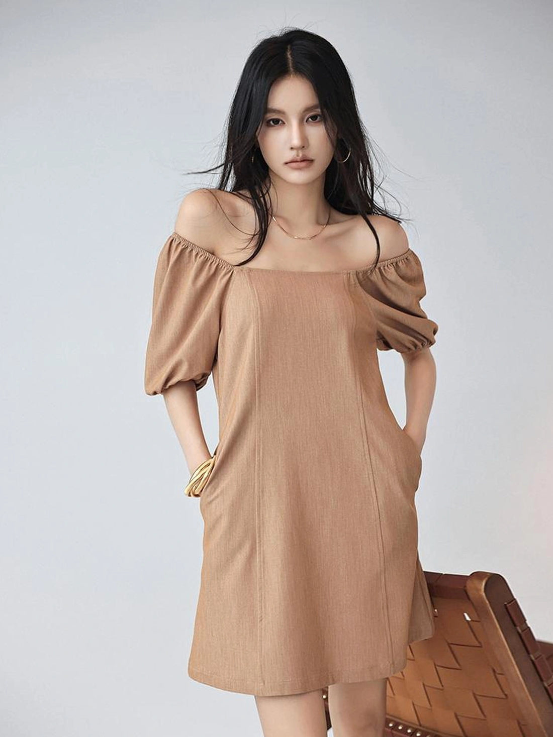 FU FRESH UP French Vintage Square Neckline Puff Sleeve Denim Dress