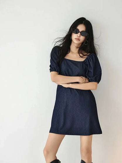 FU FRESH UP French Vintage Square Neckline Puff Sleeve Denim Dress