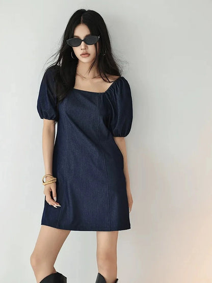 FU FRESH UP French Vintage Square Neckline Puff Sleeve Denim Dress