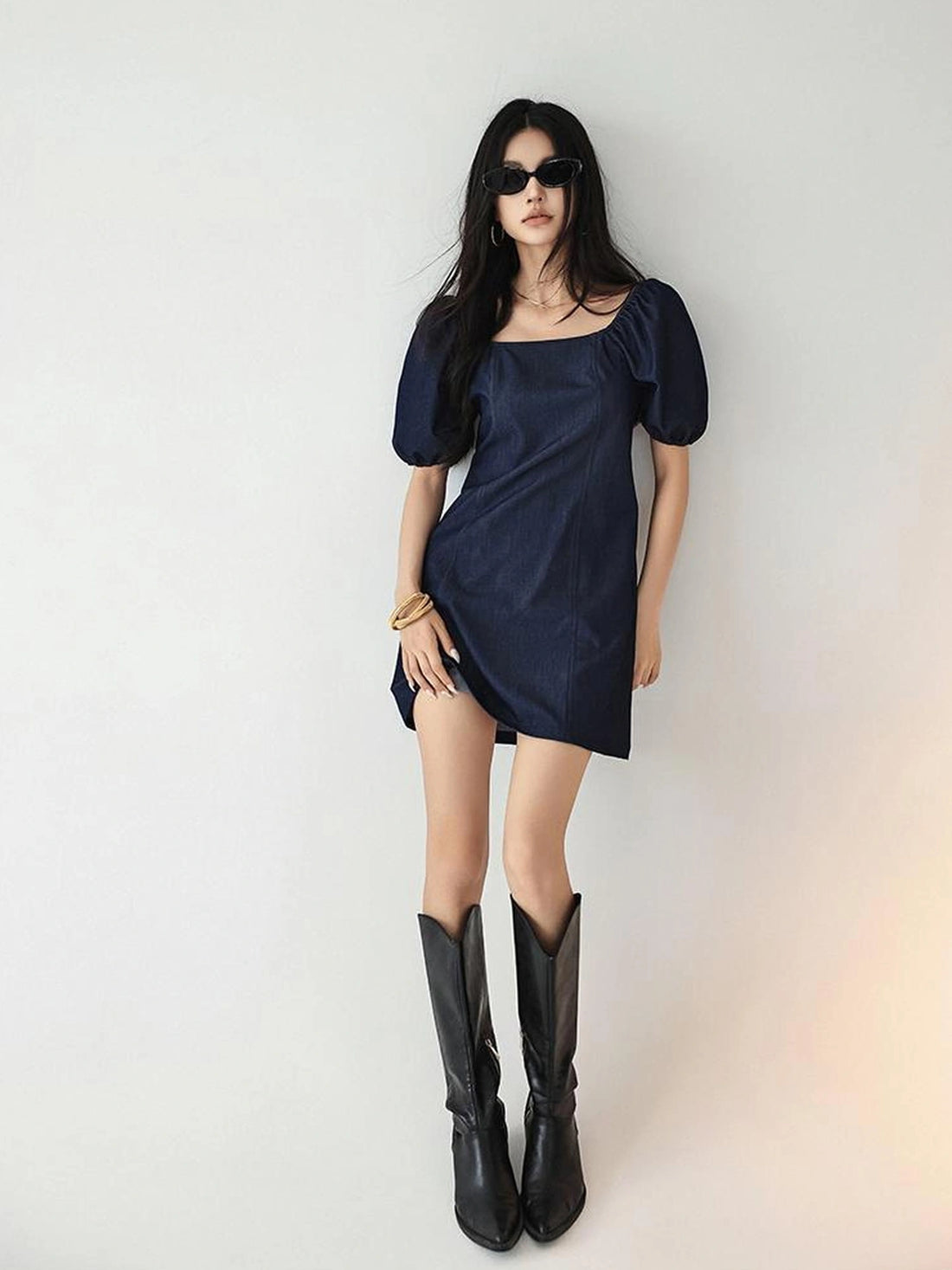 FU FRESH UP French Vintage Square Neckline Puff Sleeve Denim Dress