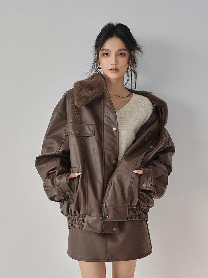 FU FRESH UP Fur Collar Vintage Padded Loose Lapel Women&