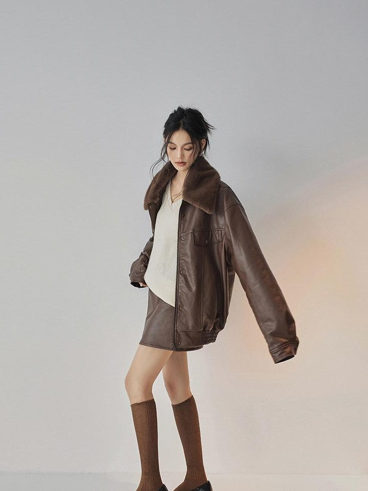 FU FRESH UP Fur Collar Vintage Padded Loose Lapel Women&