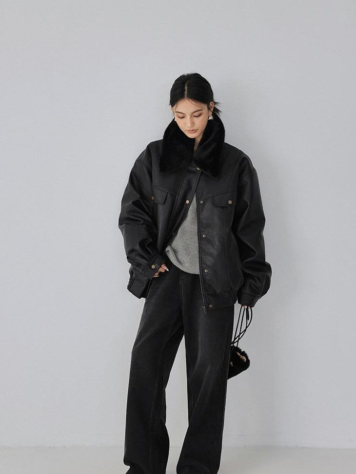 FU FRESH UP Fur Collar Vintage Padded Loose Lapel Women&