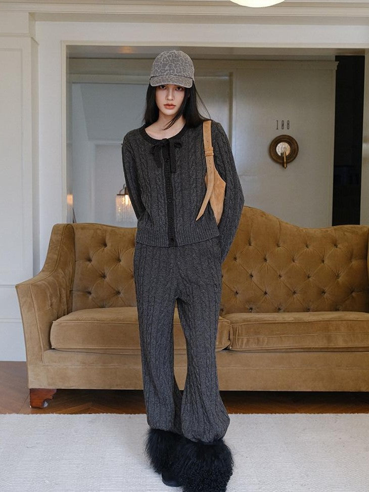 FU FRESH UP Heather Grey Cable Knit Bow Tie Relaxed Women&