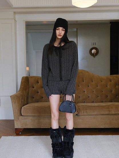 FU FRESH UP Heather Grey Cable Knit Bow Tie Relaxed Women&