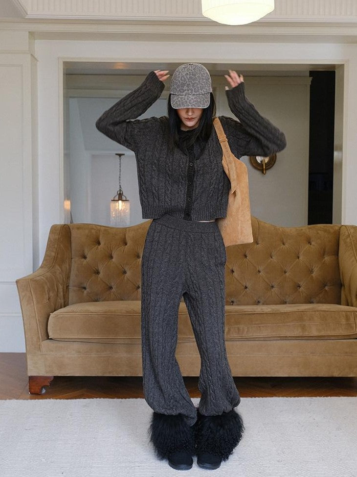 FU FRESH UP Heather Grey Cable Knit Bow Tie Relaxed Women&