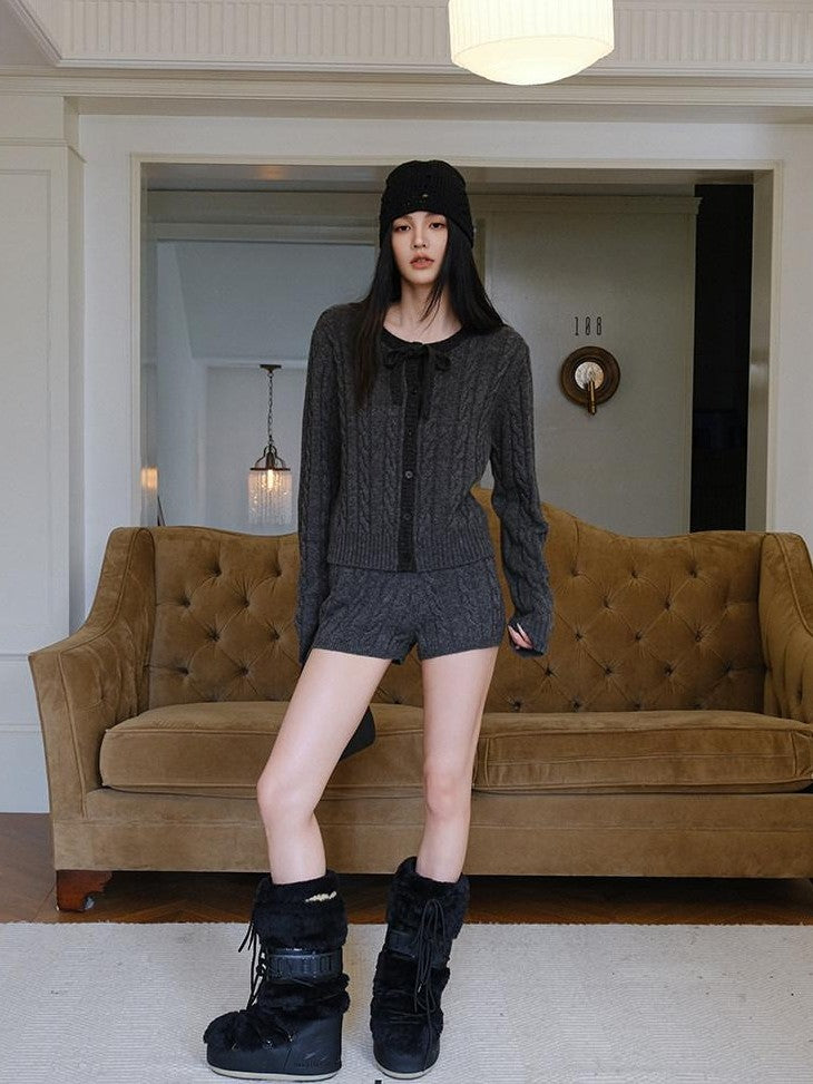 FU FRESH UP Heather Grey Cable Knit Bow Tie Relaxed Women&