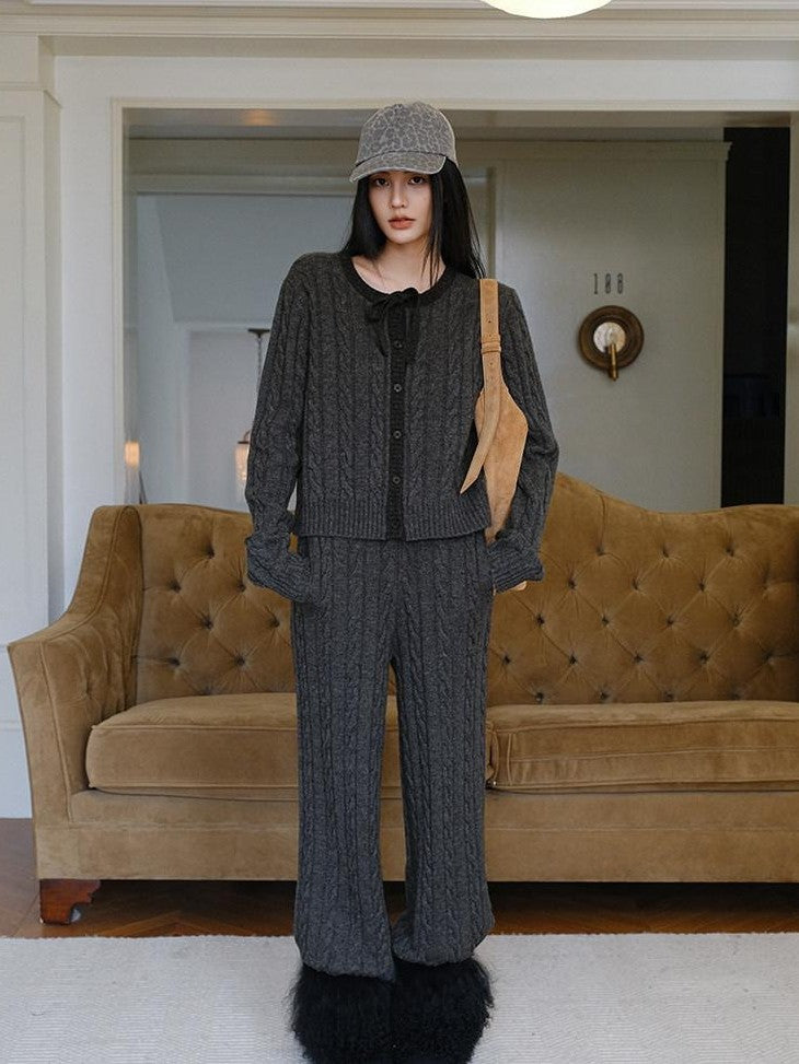 FU FRESH UP Heather Grey Cable Knit Bow Tie Relaxed Women&