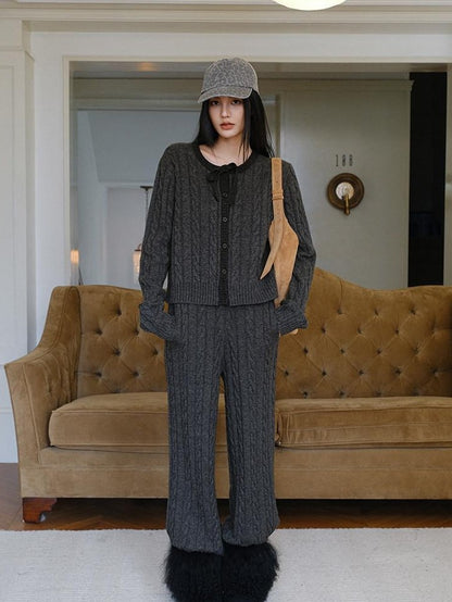 FU FRESH UP Heather Grey Cable Knit Bow Tie Relaxed Women&