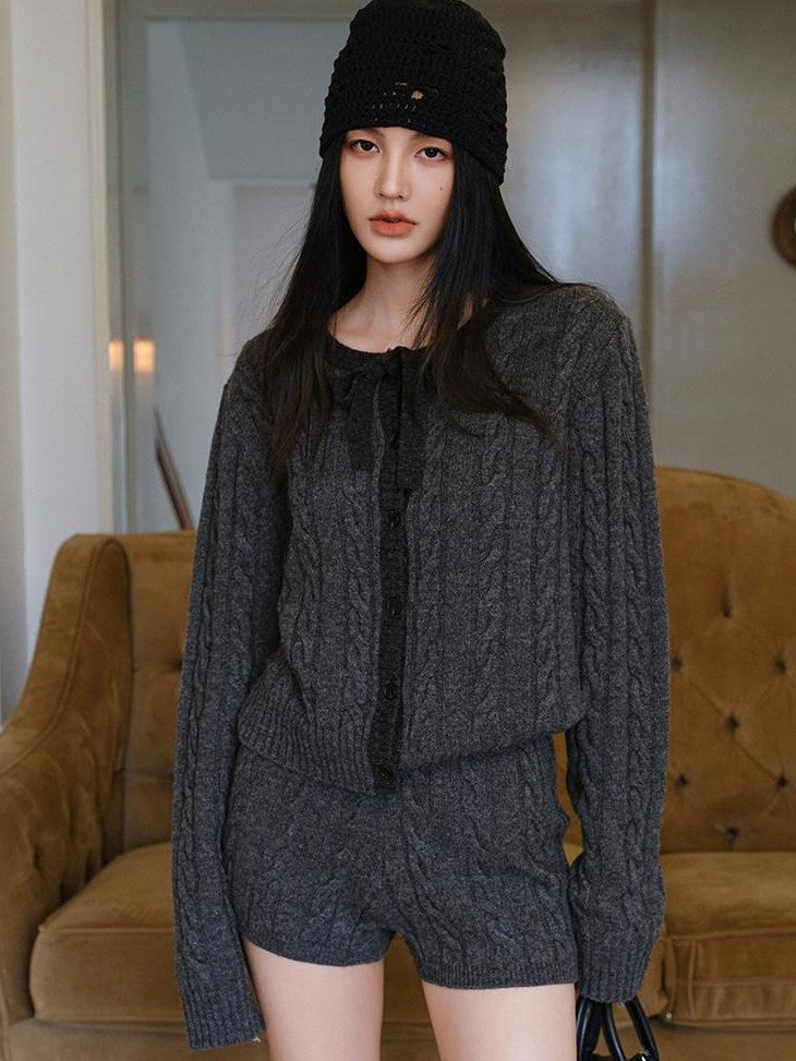 FU FRESH UP Heather Grey Cable Knit Bow Tie Relaxed Women&