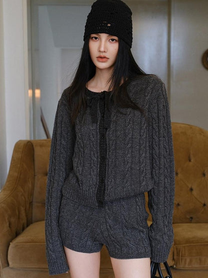 FU FRESH UP Heather Grey Cable Knit Bow Tie Relaxed Women&