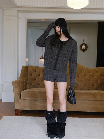 FU FRESH UP Heather Grey Cable Knit Bow Tie Relaxed Women&