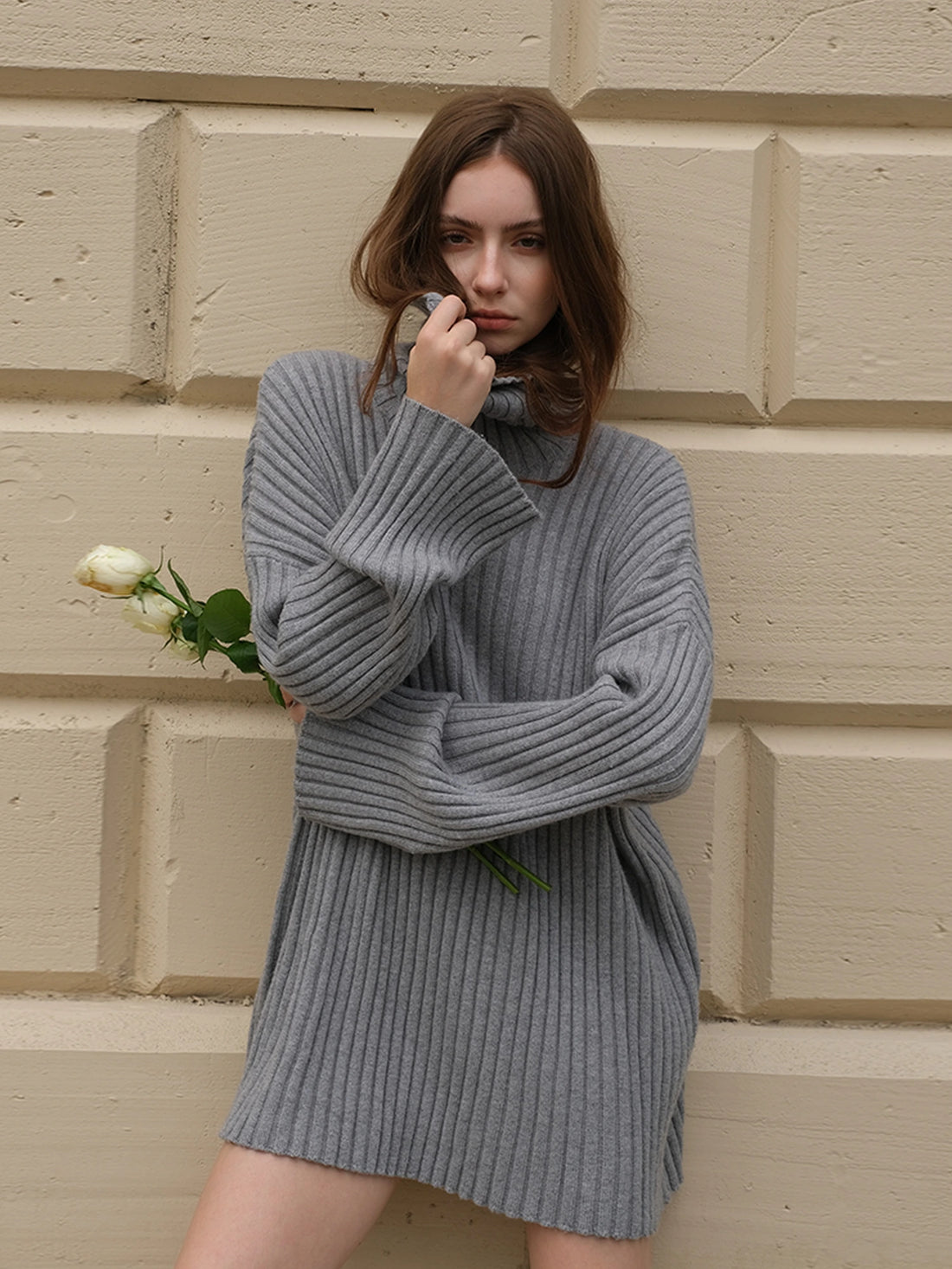 FU FRESH UP High Neck Cashmere Wool Cable Knit Midi Dress