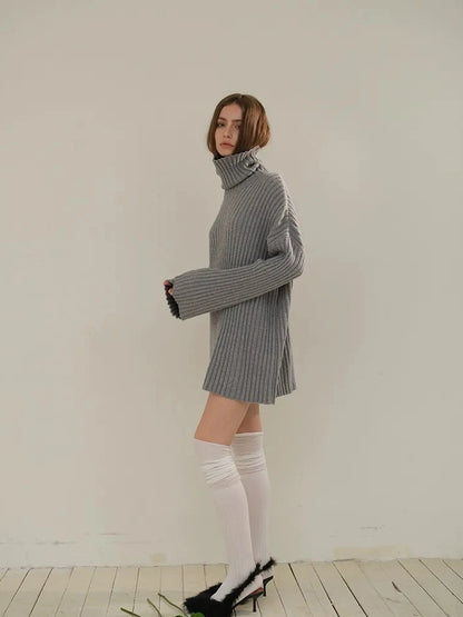 FU FRESH UP High Neck Cashmere Wool Cable Knit Midi Dress