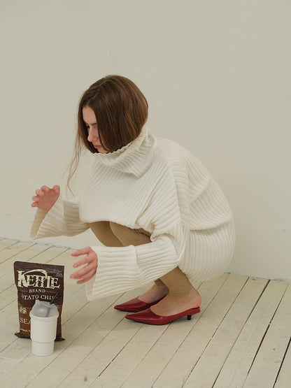 FU FRESH UP High Neck Cashmere Wool Cable Knit Midi Dress